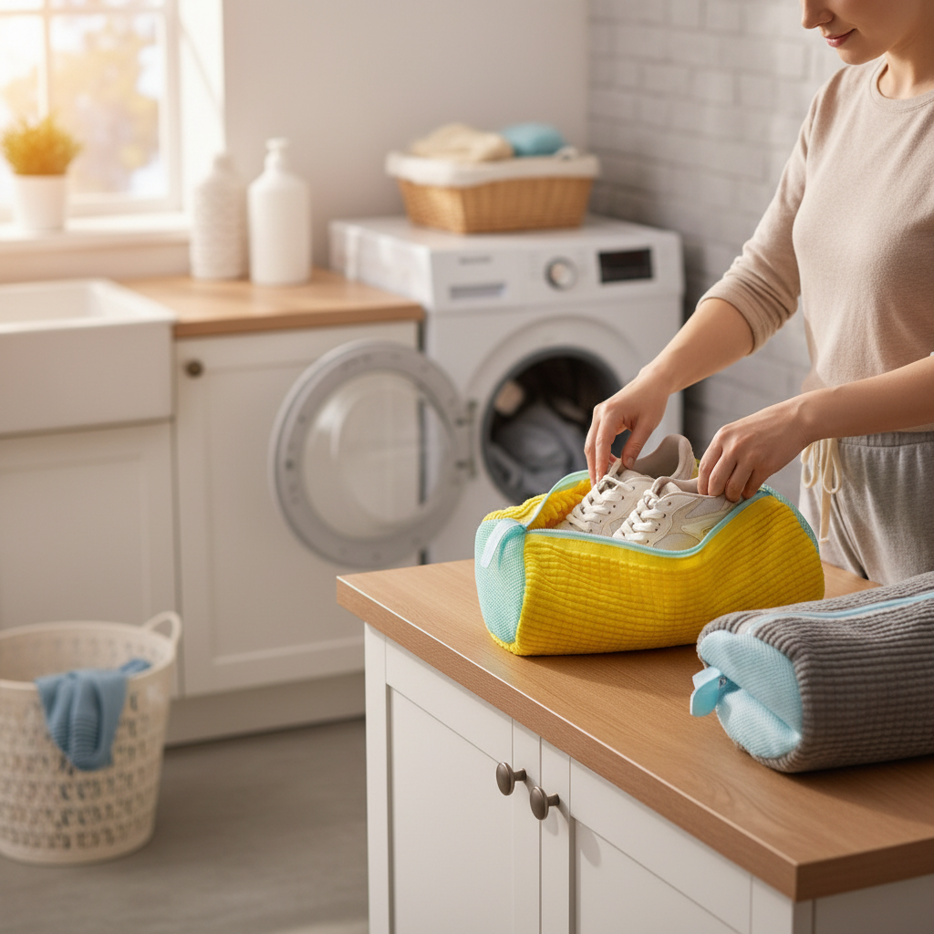 Durable Mesh Shoe Wash Bag with Zipper Rich Fluff Inside Protects Sneakers Casual Shoes in Washer Dryer Travel Storage Organizer